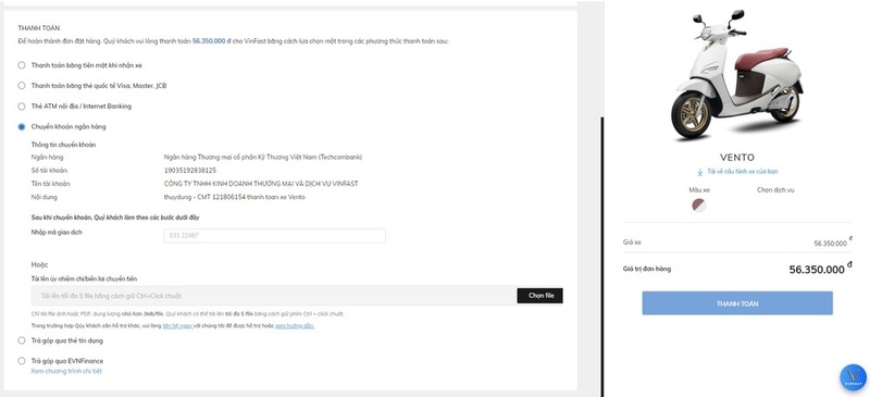hình thức thanh toán khi mua xe máy điện VinFast Vento online