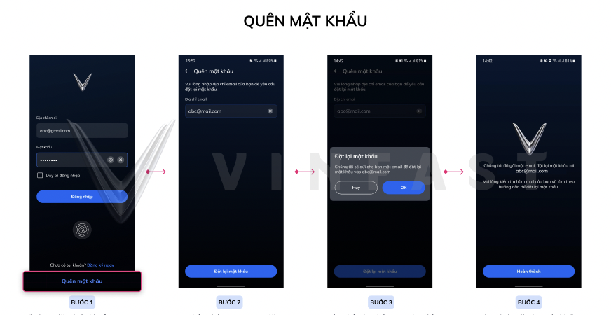 4 bước lấy lại mật khẩu ứng dụng VinFast thông qua Email