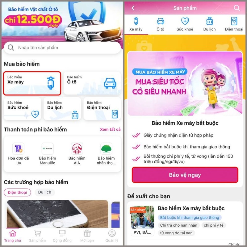 mua bảo hiểm xe máy online có bị phạt - mua trên momo bước 2