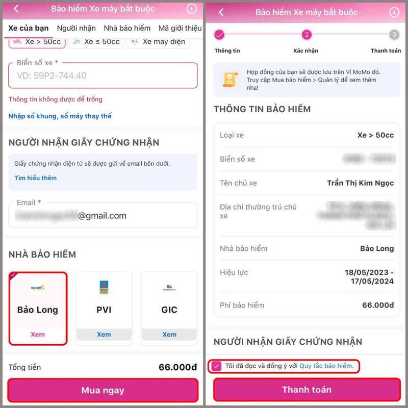 mua bảo hiểm xe máy online có bị phạt - mua trên momo bước 3