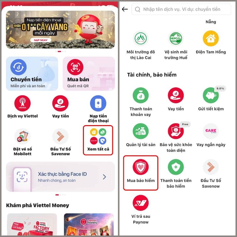 mua bảo hiểm xe máy online có bị phạt - mua trên Viettel Money bước 1