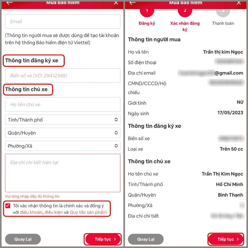 mua bảo hiểm xe máy online có bị phạt - mua trên Viettel Money bước 3