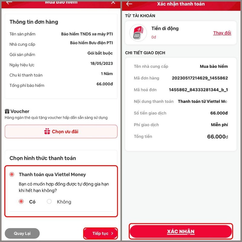 mua bảo hiểm xe máy online có bị phạt - mua trên Viettel Money bước 4