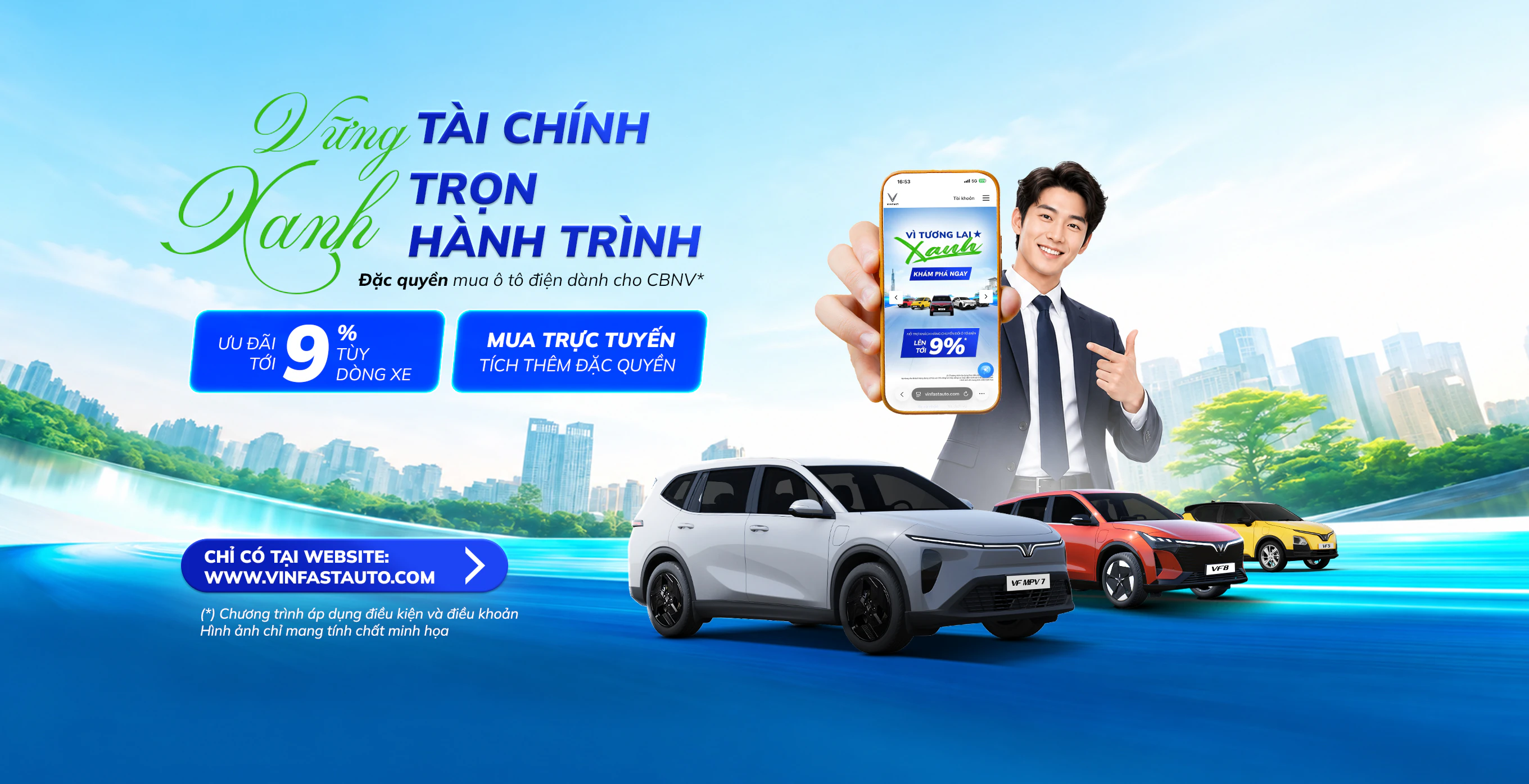 VinFast × Sacombank - Vững xanh tài chính, trọn hành trình. Đặc quyền mua ô tô điện dành cho CBNV: ưu đãi tới 9% tùy dòng xe, mua trực tuyến tích thêm đặc quyền tại vinfastauto.com