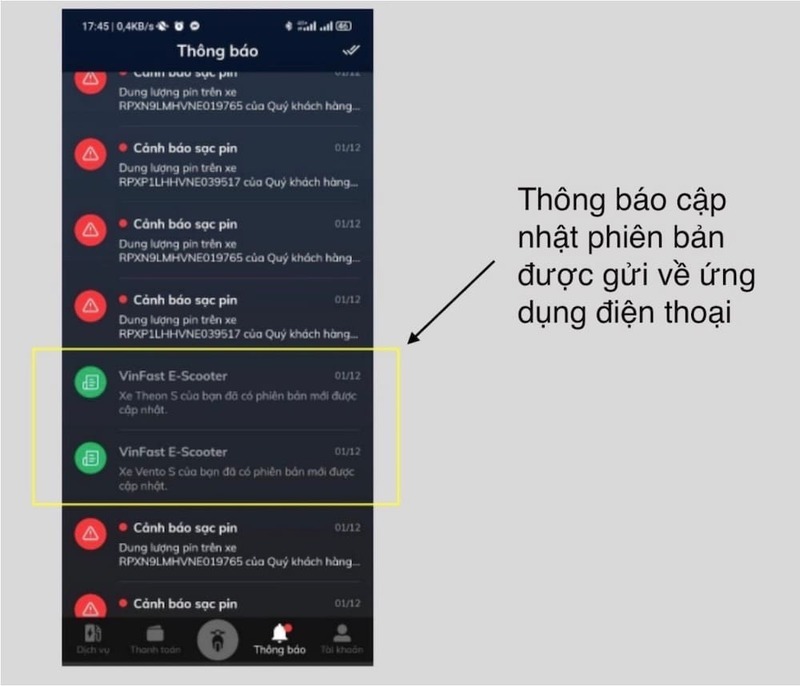 Thông báo cập nhật được gửi qua app xe máy điện VinFast